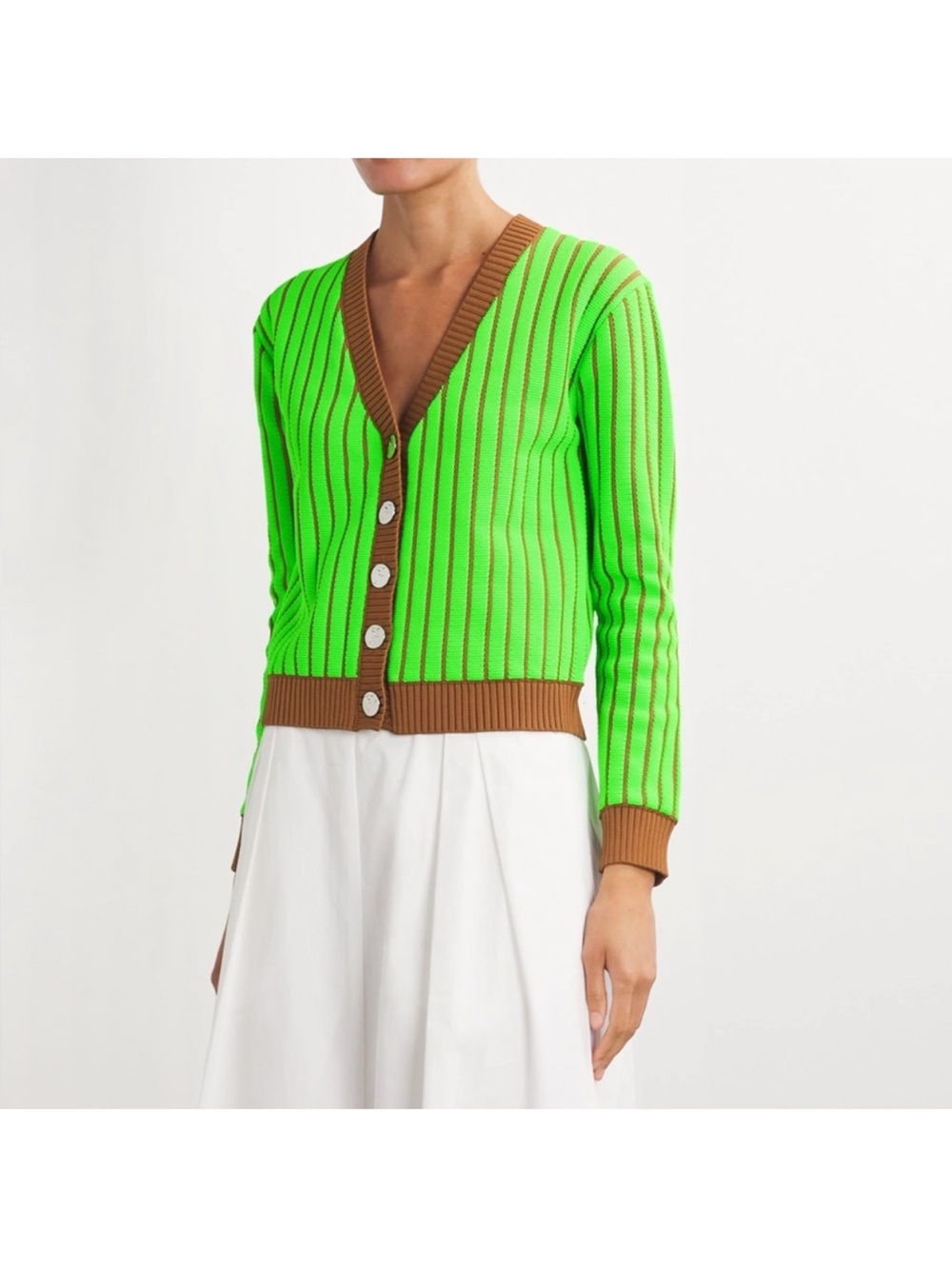 Neon Green Stripe V-Neck Cardigan with Brown Trim